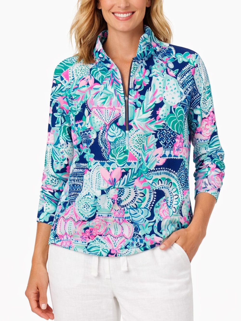 Lilly Pulitzer Cats Floral Navy and Pink Half-Zip Popover Jacket Size Small